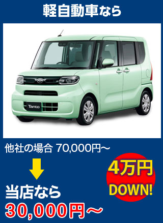 軽自動車なら、他社の場合70,000円～のところを株式会社ロードナインなら30,000円～　5万円DOWN！